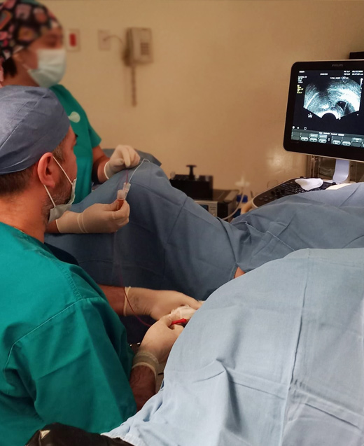 Dr. Alejandro Castillo Peláez performing an ultrasound-guided fertility procedure with catheter placement while monitoring the ultrasound screen.